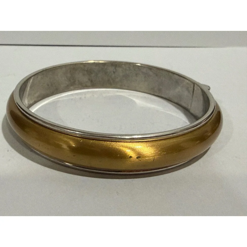 Two Tone Bangle Bracelet  8 Inch Gold Tone Silver Tone Domed Stackable Statement